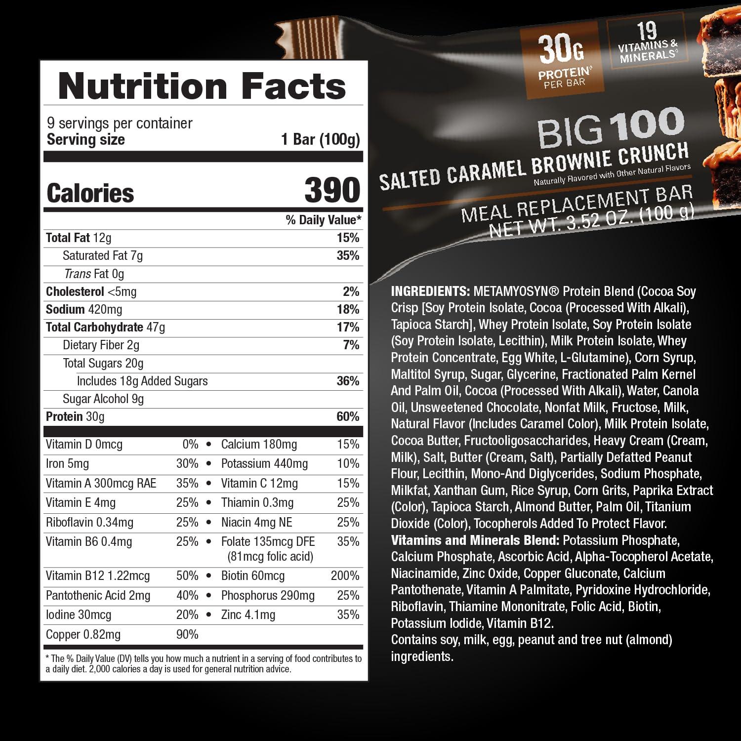 MET-Rx MET-Rx Big 100 Protein Bar, Meal Replacement Bar, 30G Protein, Salted Caramel Brownie Crunch, 9 Count, 3.52 Oz.(Packaging may vary)
