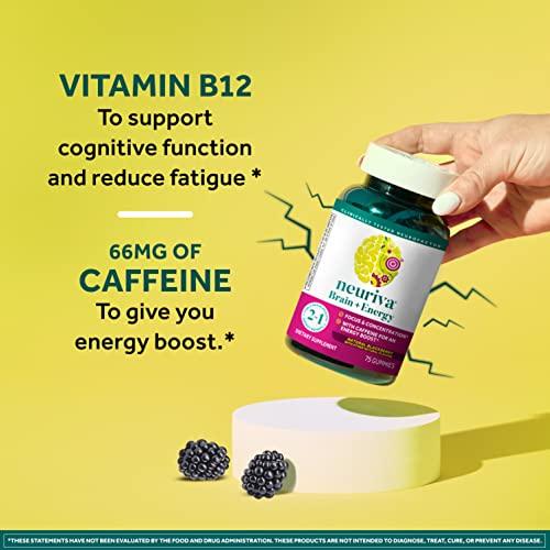 NEURIVA NEURIVA Brain + Energy Gummies, Nootropic Brain Supplements for Focus and Concentration with Neurofactor, Vitamin B12 & Caffeine for an Energy Boost*, 75ct Natural BlackBerry