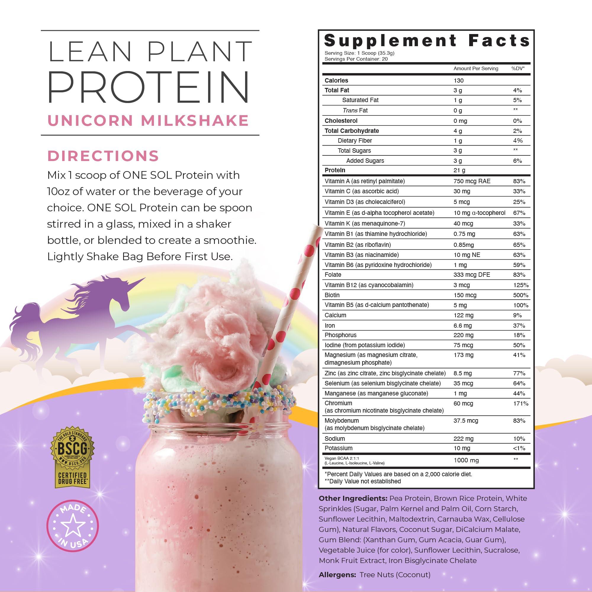 One Sol One Sol Protein Powder, Lean & Low Carb, No Bloating, Gluten Free, Lactose-Free, No Sugar Added, Soy Free, Non-GMO, 100% Plant-Based & Vegan Friendly (Unicorn Milkshake)