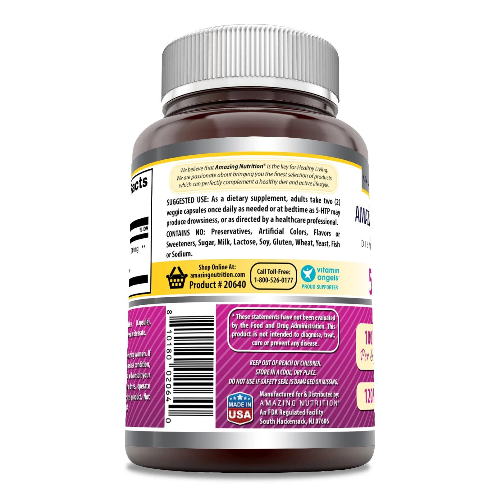 Amazing Nutrition Amazing Formulas 5-HTP (Hydroxytryptophan) Supplement | 100 Mg Per Serving | Veggie Capsules | Non-GMO | Gluten Free | Made in USA (1 Pack, 120 Count)