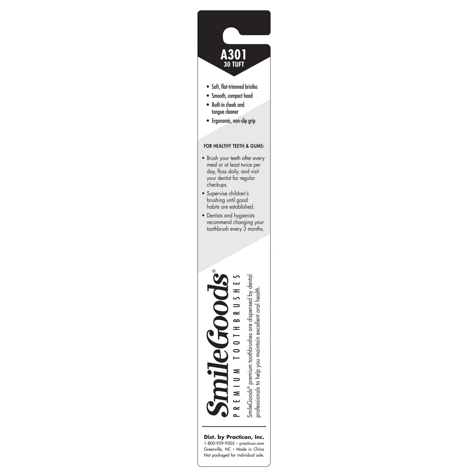 Practicon SmileGoods A301 Toothbrush, 30 Tuft, Soft Bristle, Individually Packaged Toothbrushes, Assorted Colors, Bulk Pack of 72