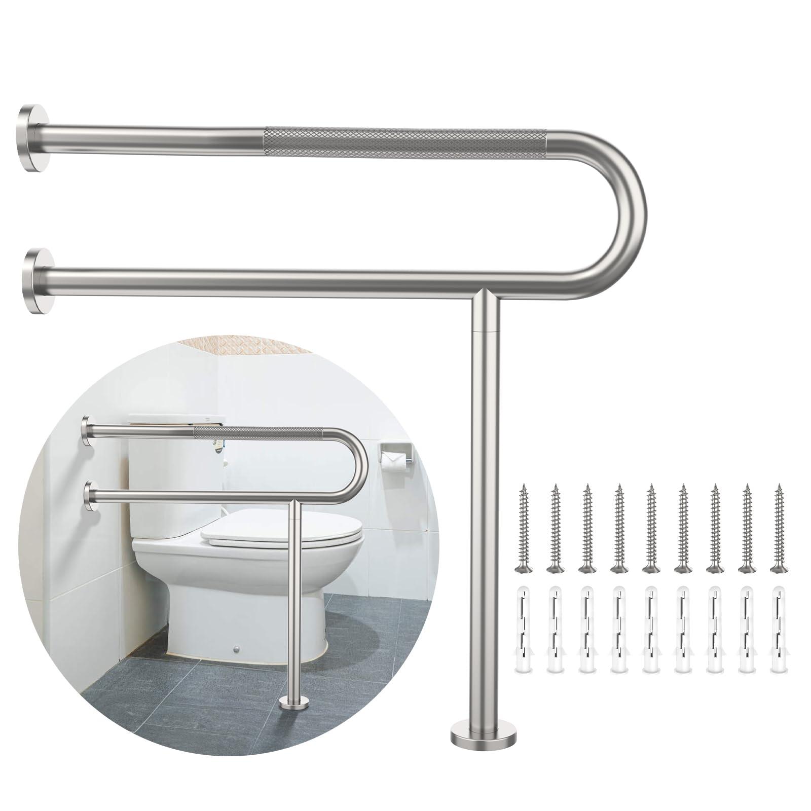 Munzong Toilet Support Rail 31.3X 31.5 Inch, Munzong Anti-Slip Satin Brushed Nickel Handicap Grab Bar for Bathroom, Stainless Steel Knurled Safety handrails with Leg for Elderly Disabled Pregnant-1.25Tube