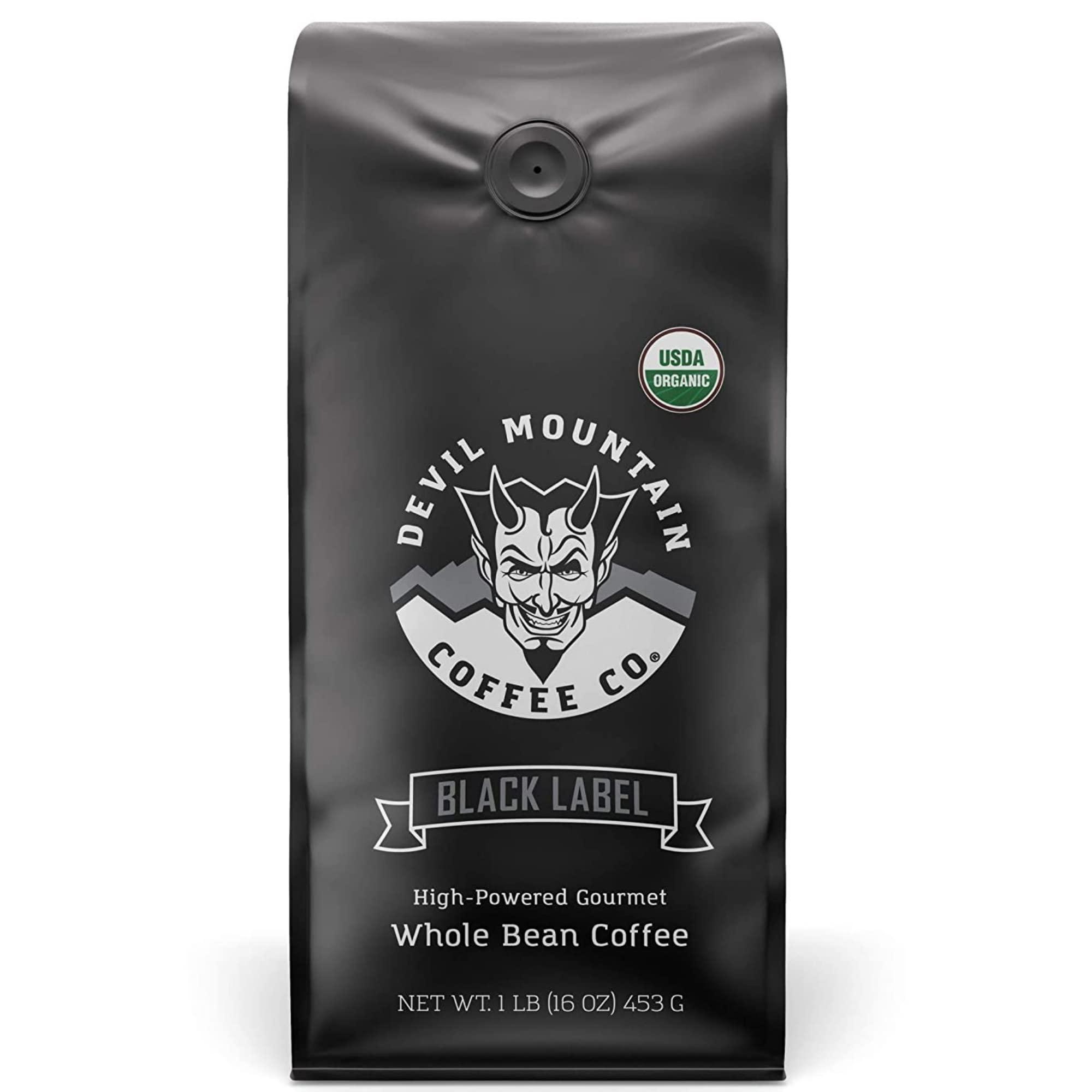 Devil Mountain Coffee Devil Mountain Coffee Black Label Dark Roast Whole Bean Coffee, Strong High Caffeine Coffee Beans, USDA Organic, Fair Trade, Gourmet Artisan Roasted, Strongest Coffee in the World, 16 oz Bag