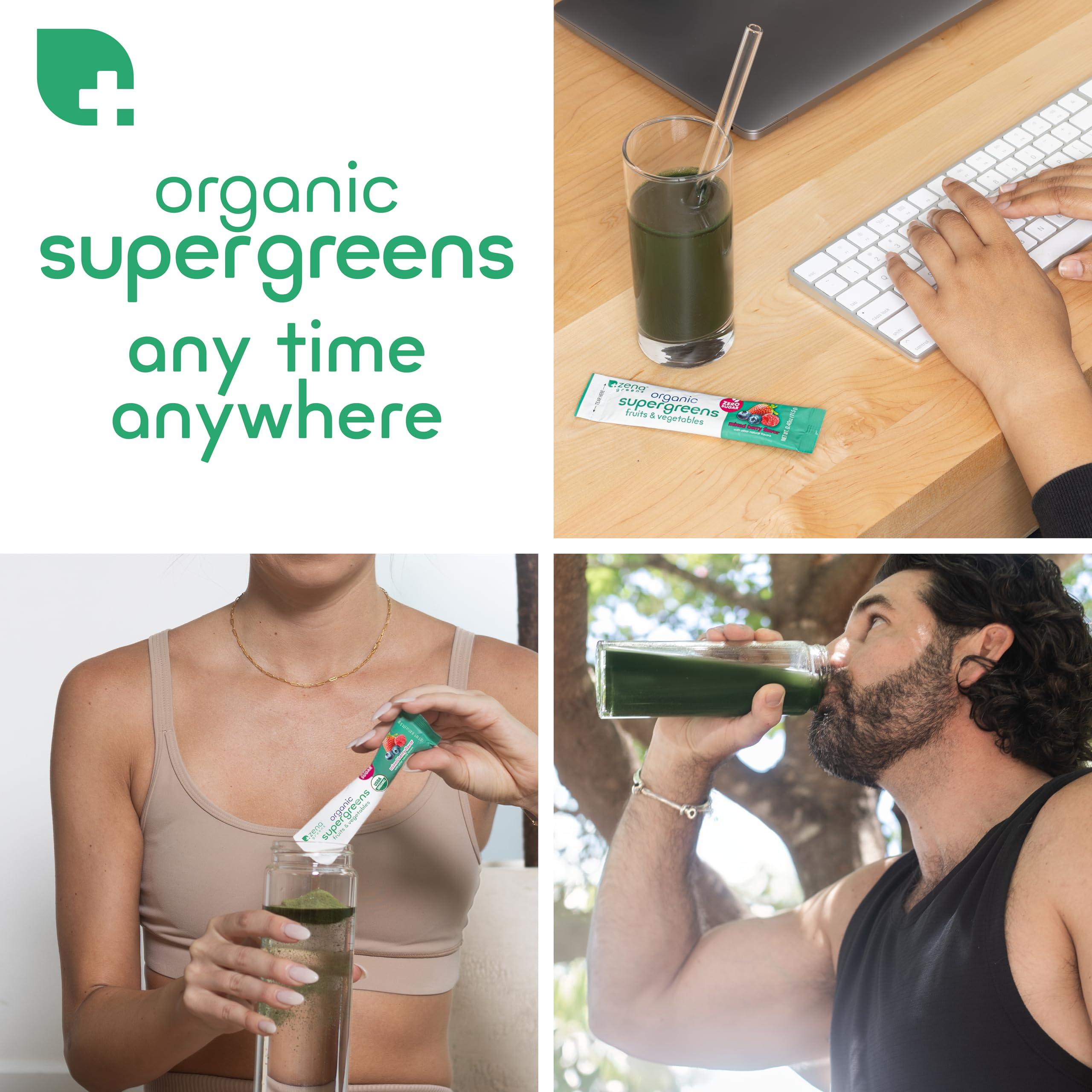 Zena Fit Nutrition Zena Organic Super Greens Powder, 70+ Superfoods Drink Mix, 0 Sugar, 3G Fiber, Fruits, Veggies, Spirulina, Chlorella, Antioxidants, Pre & Probiotics, Digestive Enzymes, Mixed Berry Flavor, 30 Packets