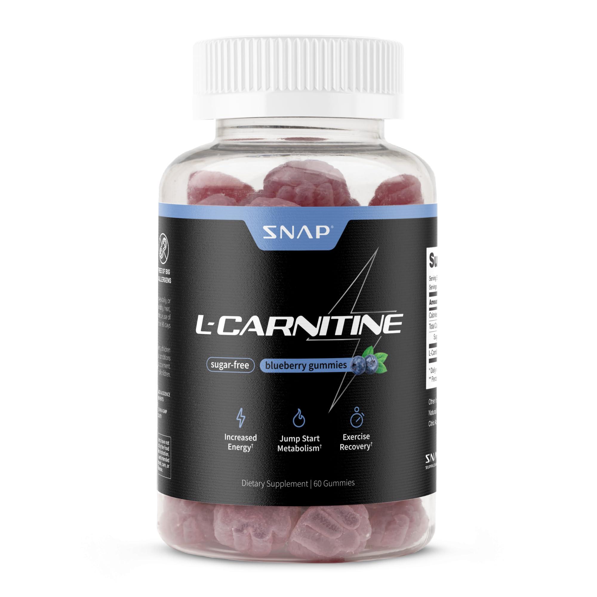Snap Supplements Sugar Free L Carnitine 500mg Gummy - Natural Pre Workout L-Carnitine Supplement - Increased Energy, Faster Recovery, Boost Metabolism, Pre Workout for Women & Men, Blueberry Flavor (60 Gummies)