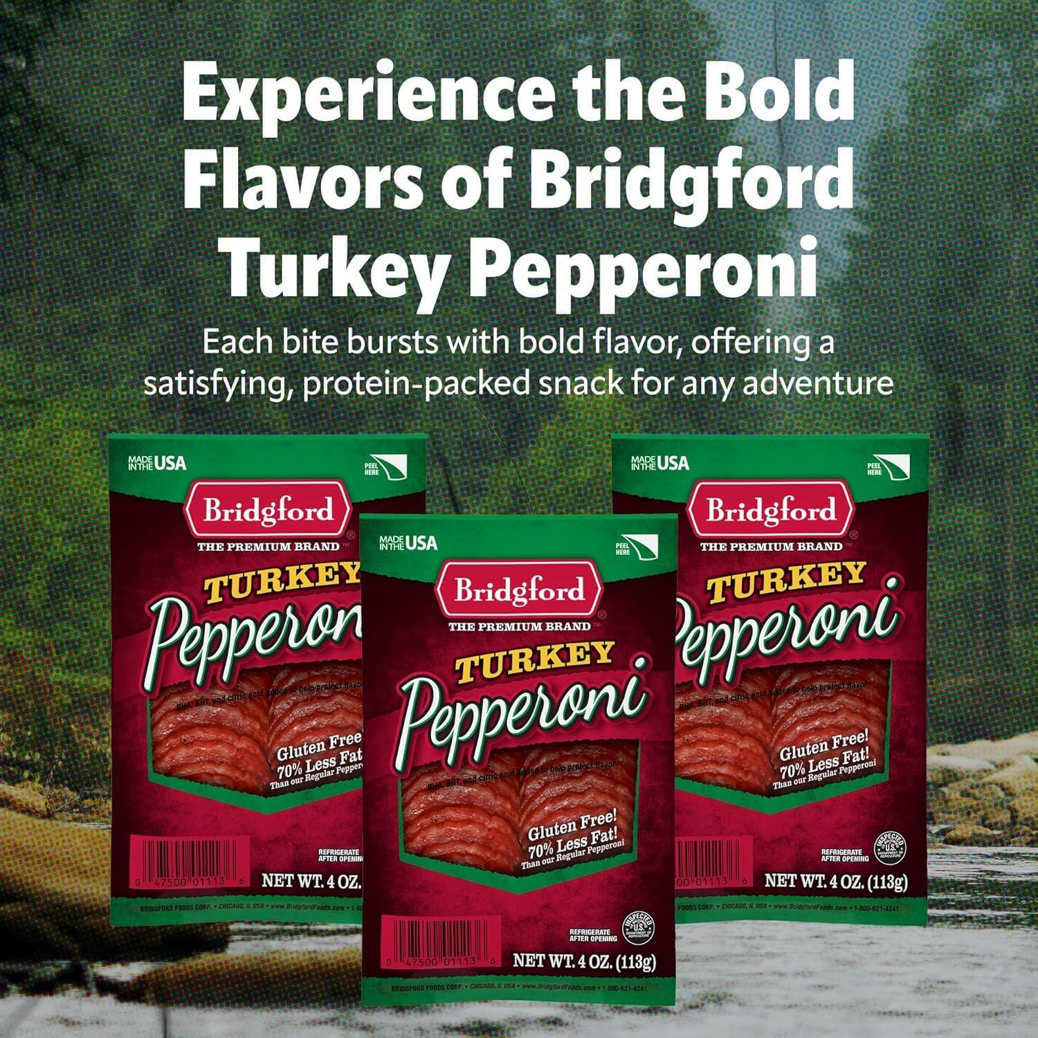 Bridgford Bridgford Sliced Turkey Pepperoni 4 oz Pack of 4 - Pepperoni Slices for Pizza and Sandwiches - Naturally Smoked Turkey Pepperoni for Low-Carb Keto Diets - Healthy Pepperoni Alternative for Snacking