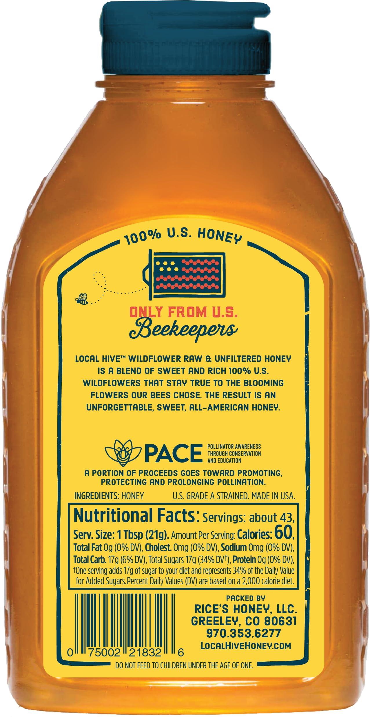 Local Hive Local Hive Wildflower Raw Unfiltered Honey 32oz, 100% Pure US Honey, Sourced from American Bees and Beekeepers - Natural Sweetener, Ideal for Tea, Baking, and Cooking