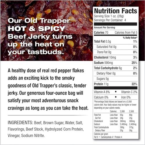 Old Trapper Old Trapper Beef Jerky, Hot & Spicy 1/4-Pound Individual Package, Savory and Spicy Meat Snacks for Lunches or Between Meals, 11 Grams of Protein and 70 Calories per Serving (Pack of 8)