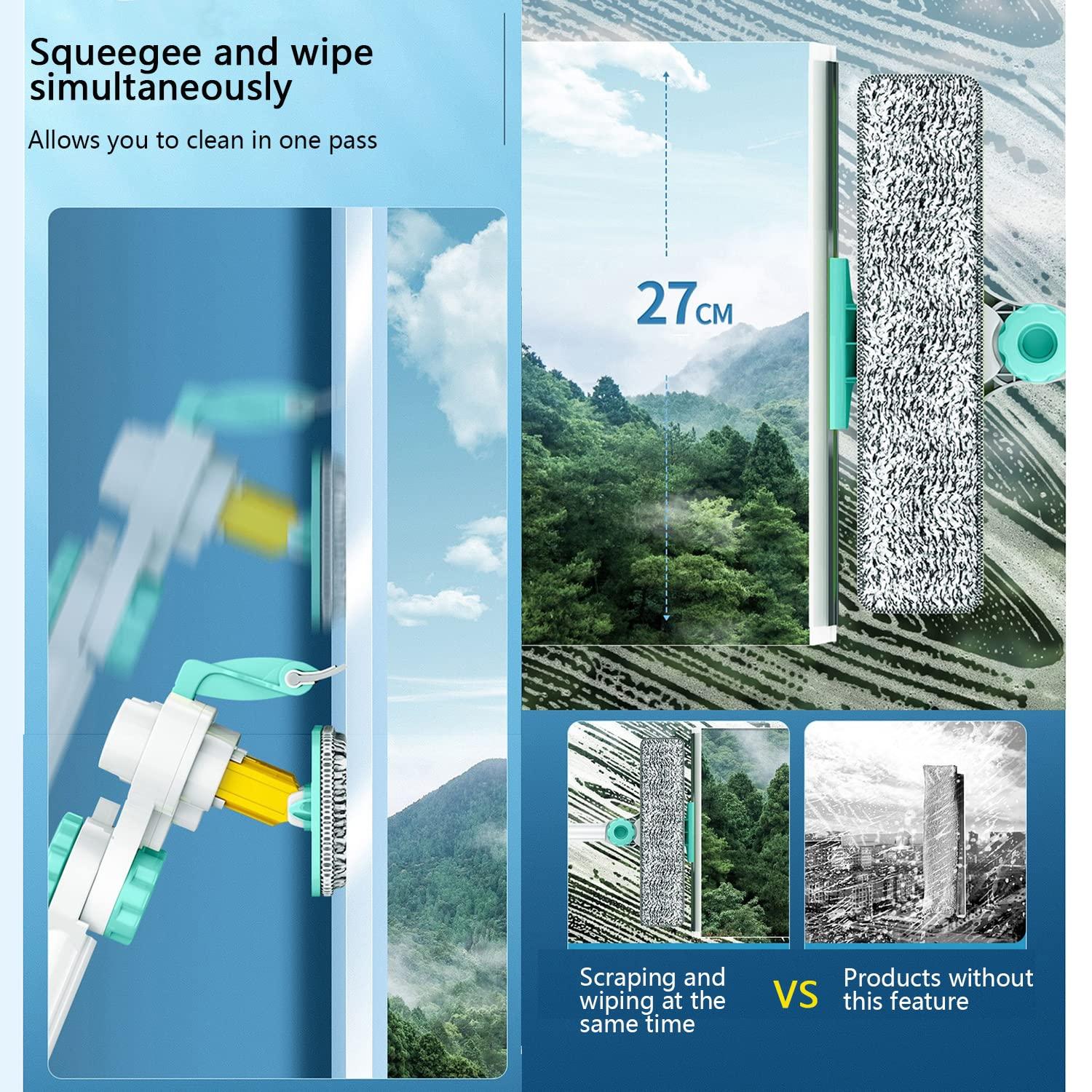 WWBDZSW Window Cleaner Tool Kit with Telescopic U Shaped Pole,Squeegee for Window Washing,Rotatable Cleaning Head and Floating Mechanism,Clean without Leaving Dead Ends-green||Floating 3 cloth