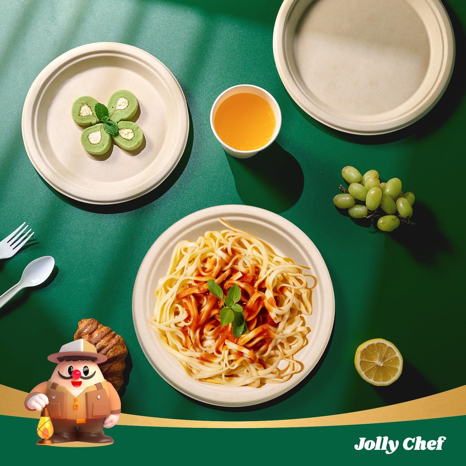 JOLLY CHEF JOLLY CHEF Compostable Heavy Duty Plates 10 Inch [150 Pack] Eco-Friendly Disposable Natural Paper Plates Bagasse Biodegradable Plates Bulk for Party Dinner Sugarcane Fibers Round Plates(Brown)