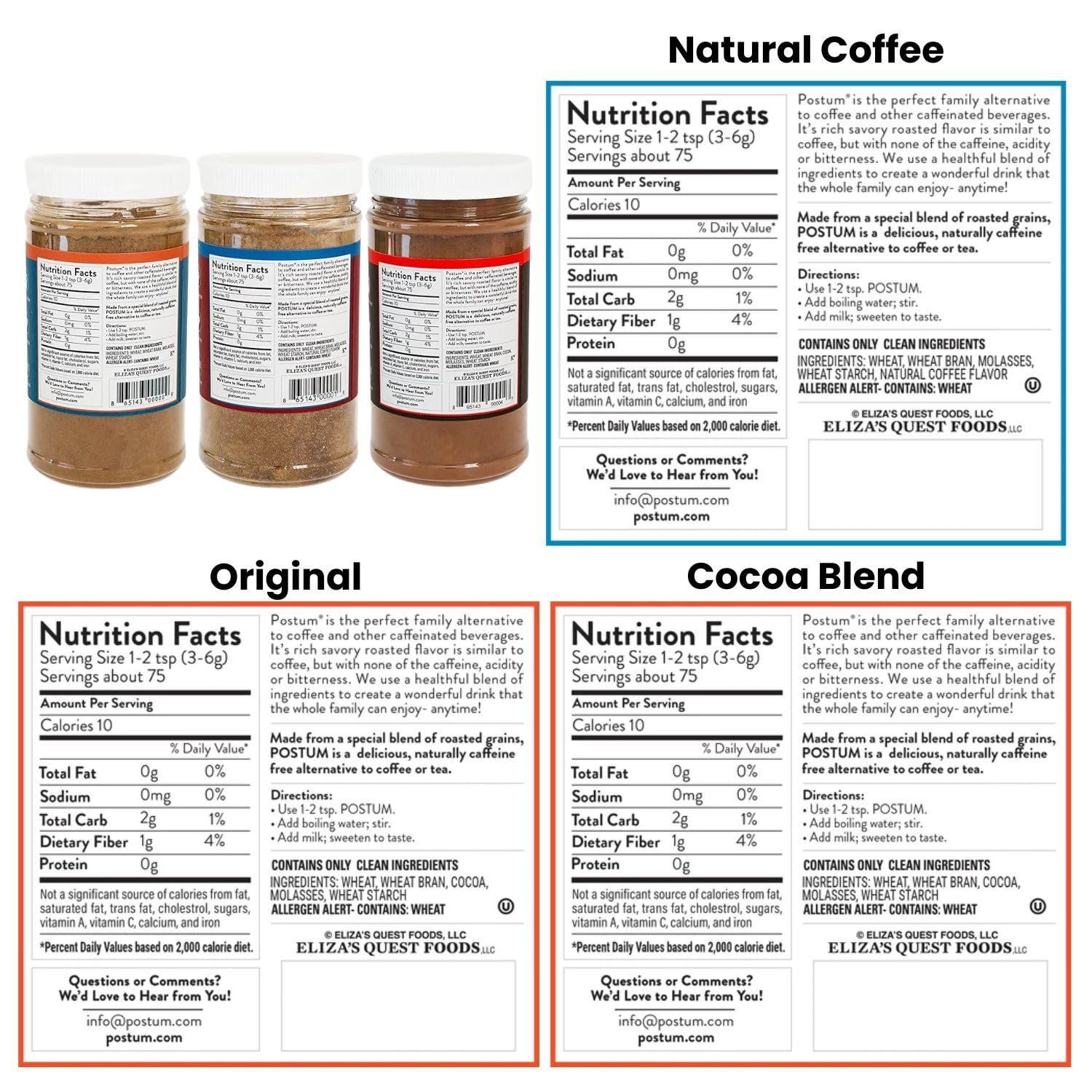 Postum Postum Variety Bundle Coffee Substitute Caffeine Free: Postum Original Roasted Wheat Bran & Molassess, Cocoa Blend & Natural Coffee (Pack of 3) | All-Natural & Healthy Coffee Alternative Caffeine Free