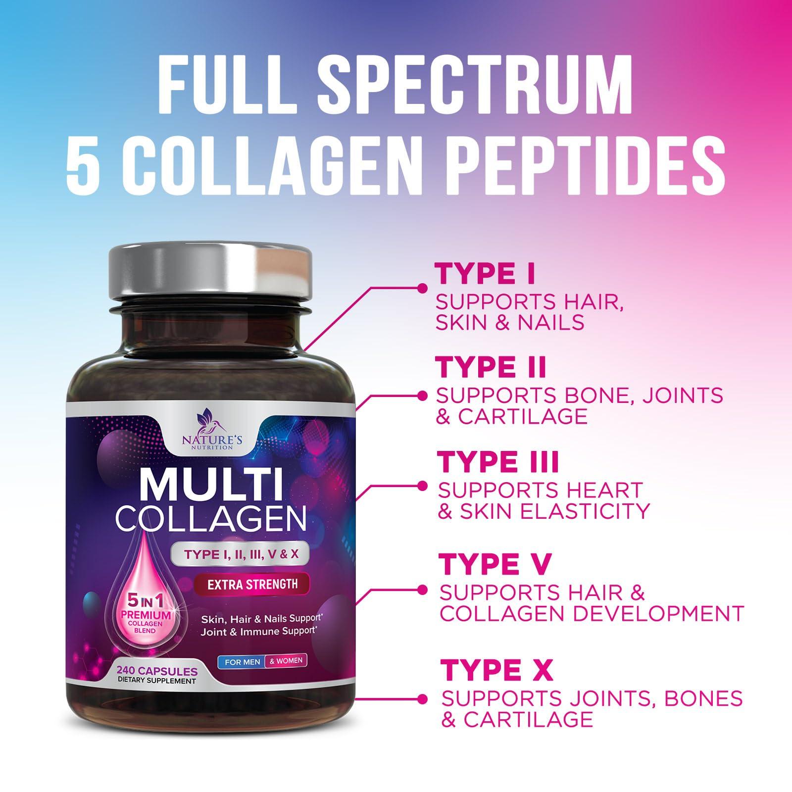 Nature's Nutrition Multi Collagen Supplement for Women & Men - Type I, II, III, V, X Multi Collagen Pills, Hydrolyzed Collagen Peptides Supplements, Nature's Hair, Skin, Nail, and Joint Support Supplement, 240 Capsules