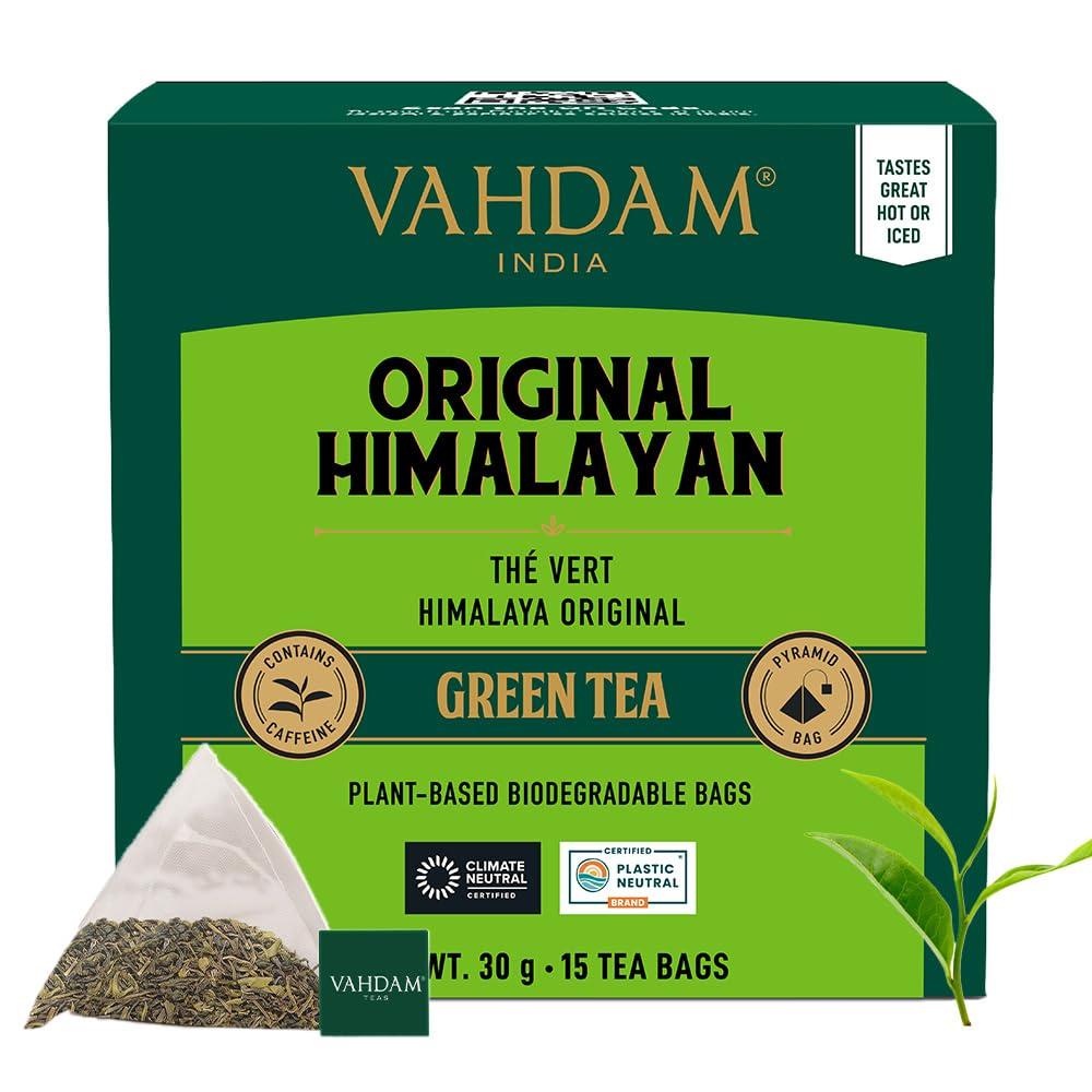 VAHDAM VAHDAM, Original Himalayan Green Tea (15 Count) High Grown, Non GMO, Gluten Free, Med Caffeine | Earthy, Smooth & Refreshing | Resealable & Individually Wrapped | Plant-Based Pyramid Tea Bags