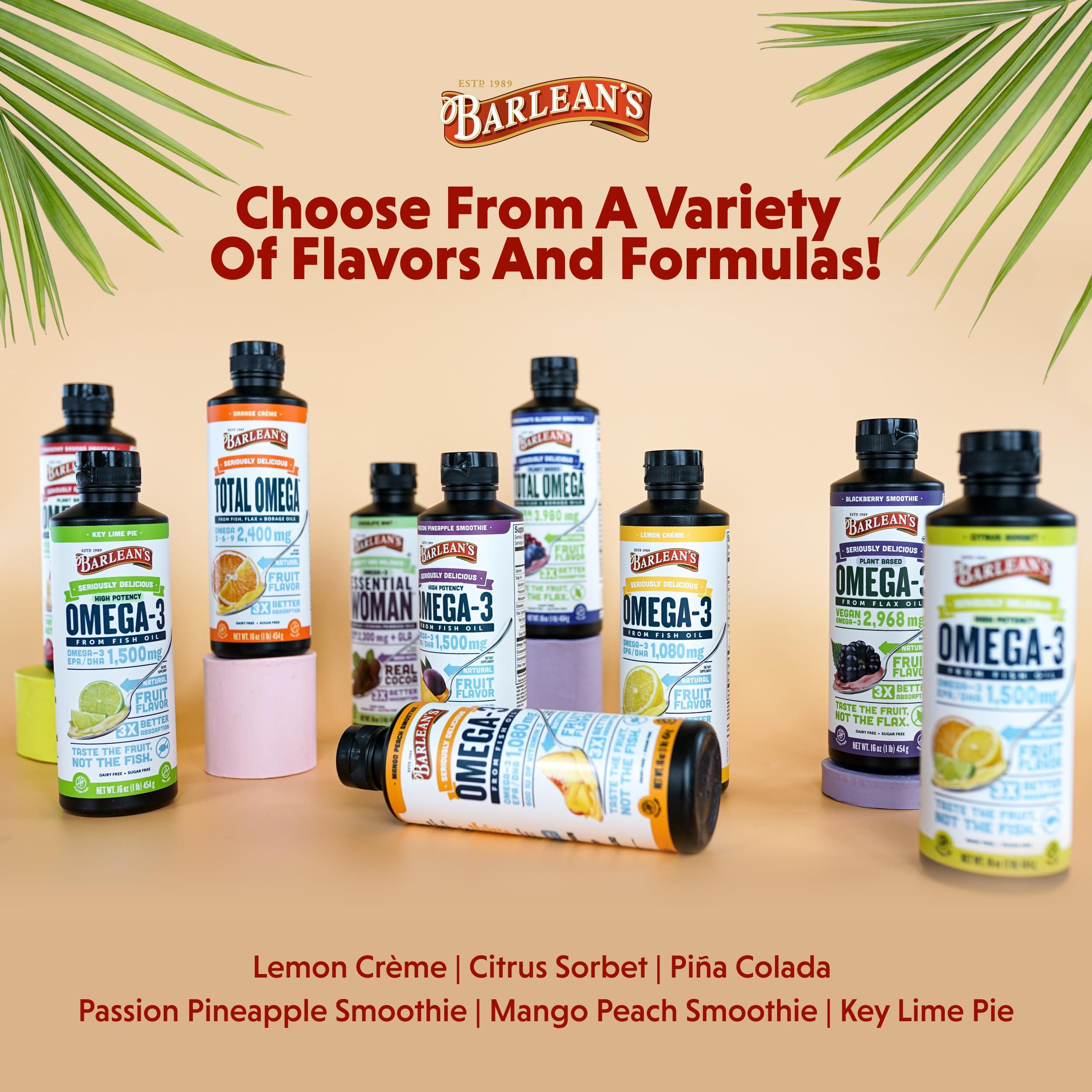 Barlean's Organic Oils Barlean\'s Mango Peach Omega 3 Fish Oil Liquid Supplement with Vitamin D, 1080mg EPA & DHA Fatty Acid, Smoothie Flavored & Burpless for Brain, Joint, & Heart Health, 8 oz