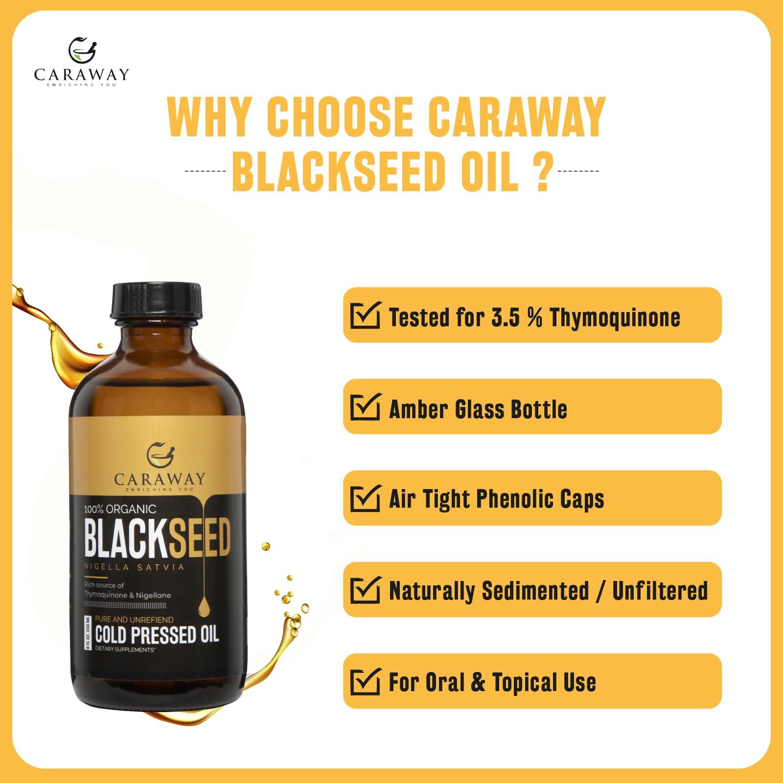 CARAWAY CARAWAY Cold Pressed Black Cumin Seed Oil - Rich in Thymoquinone for Immunity Boost, Hair Care - Glass Bottle - 4 oz / 118 ml