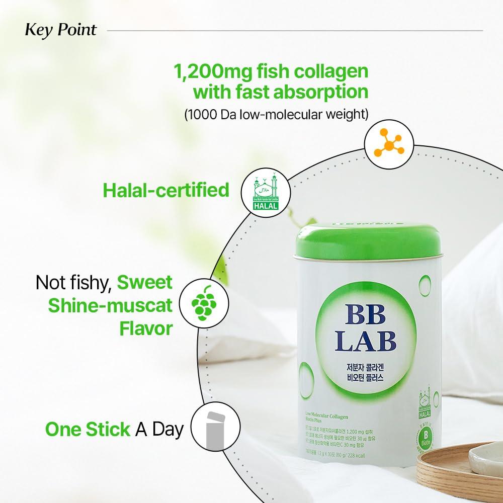 BB LAB BB LAB Low Molecular Collagen Biotin Plus, Halal Collagen, Powder Supplement, Korean Marine Collagen, Fish Collagen Peptides, Biotin, Vitamin C, Fast Absorption, Shine Muscat Flavor