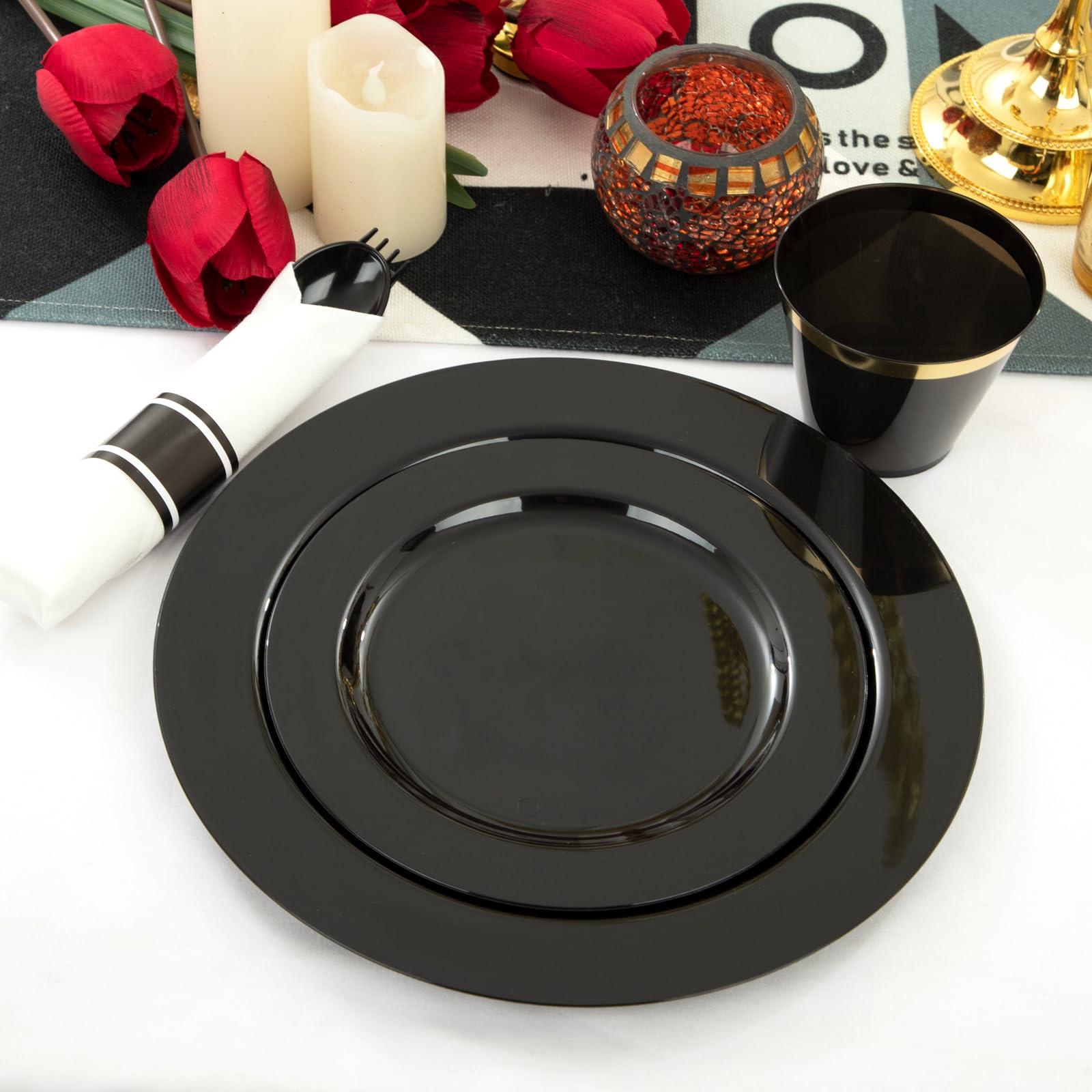 ejonirinjonir EI 350pcs Black Plastic Plates,Black Plastic Dinnerware,Pre Rolled Plastic Silverware Black,Black and Gold Cups, Black Cups and Plates for Party Suit for Halloween, Thanksgiving, Christmas
