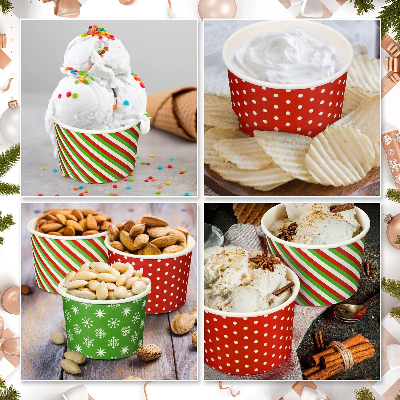 Potchen Potchen 9 oz Christmas Paper Ice Cream Cups Xmas Disposable Dessert Bowls Snack Cups Soup Cups Polka Dot Snowflake Striped Paper Bowls for Hot or Cold Food Christmas Party Supplies(180 Pcs)