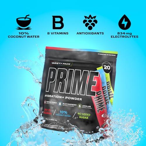 PRIME HYDRATION PRIME HYDRATION+ Sticks VARIETY PACK | Hydration Powder Single Serve | Electrolyte Powder On The Go | Low Sugar | Caffeine-Free | Vegan | 20 Sticks