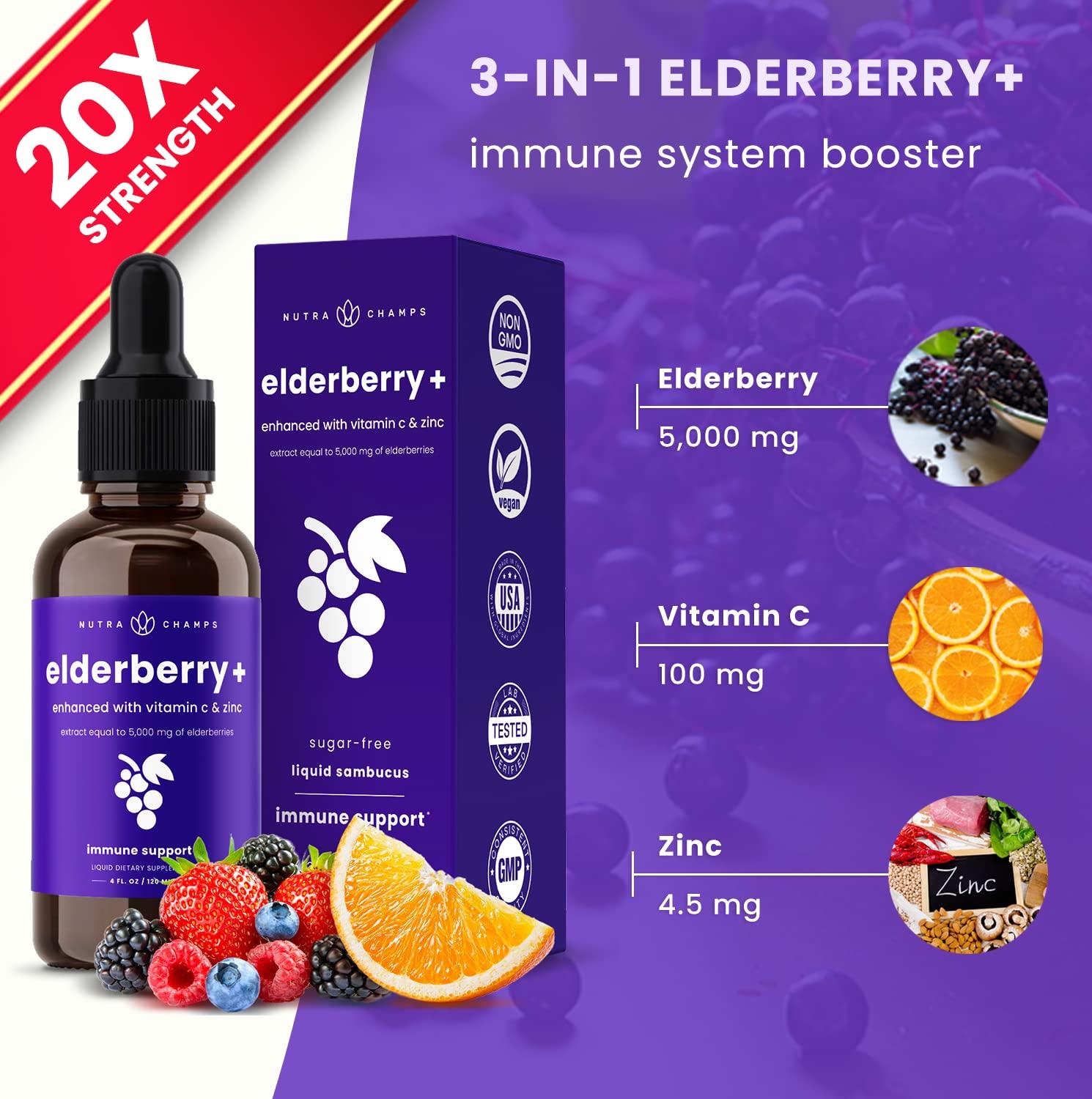 NutraChamps Organic Elderberry Syrup - 5000mg Elderberry Extract with Vitamin C & Zinc - Black Elderberry Liquid Drops - Sugar-Free Immunity Booster for Adults & Kids - Vegan, Gluten-Free Elderberry Supplement