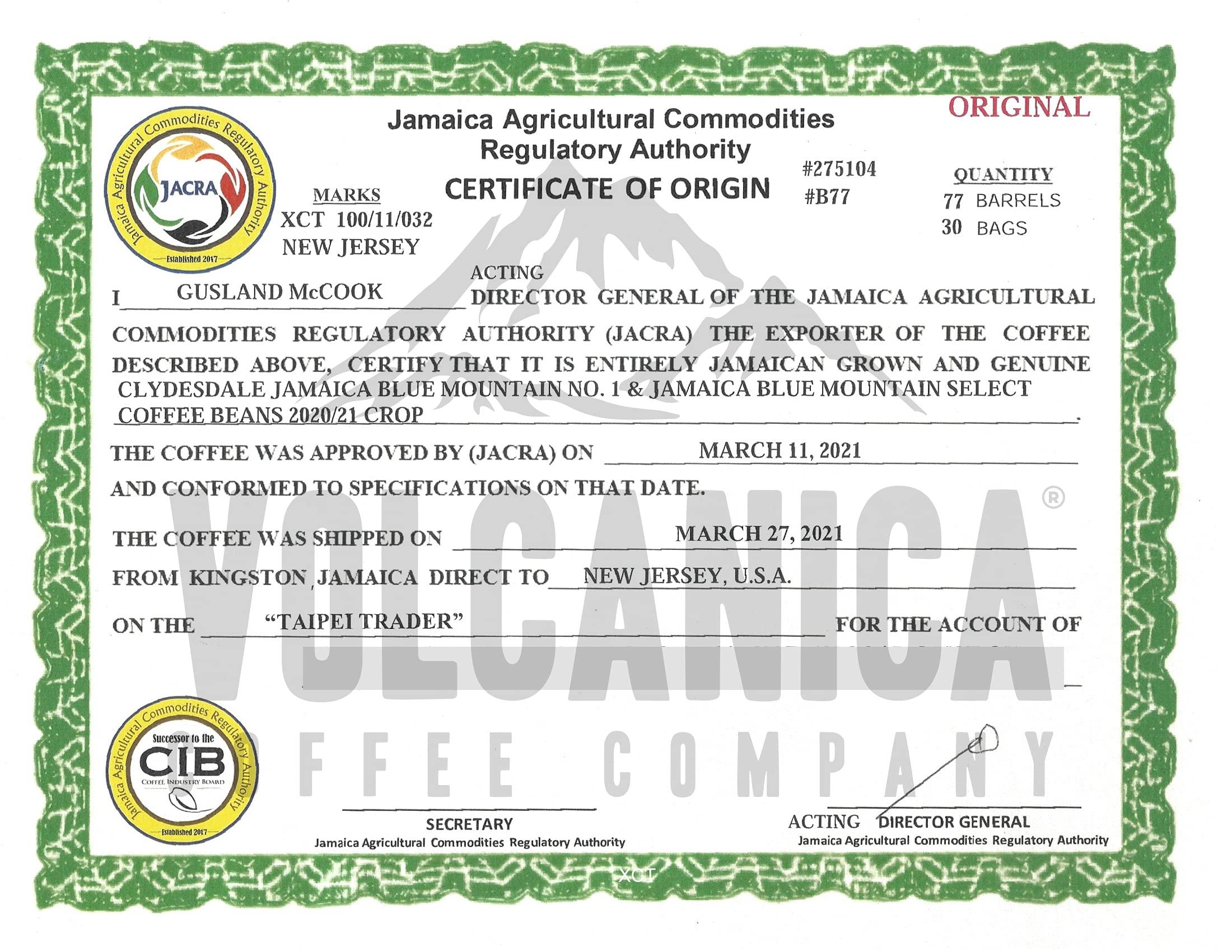 Volcanica Coffee Jamaica Blue Mountain Coffee, Clifton Mount Estate, 100% Certified, Whole Bean, Fresh Roasted, 5 lbs