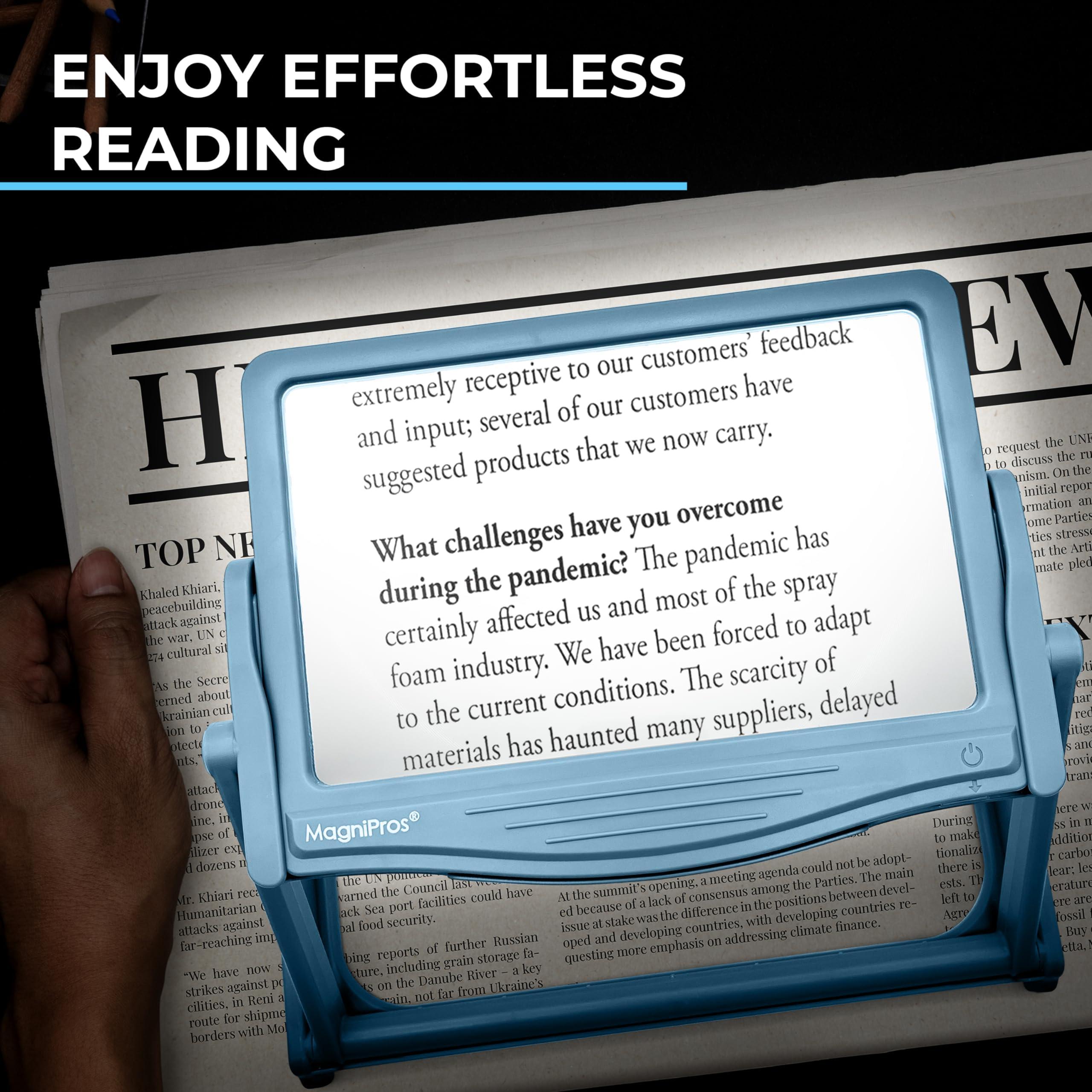 MagniPros See Things Differently MAGNIPROS 5X Large LED Hands-Free Full Page Magnifying Glass with Detachable Stand & 3 Stepless Color Modes to Reduce Eye Strain, Ideal for Reading Small Prints, Crafting, Low Vision & Seniors