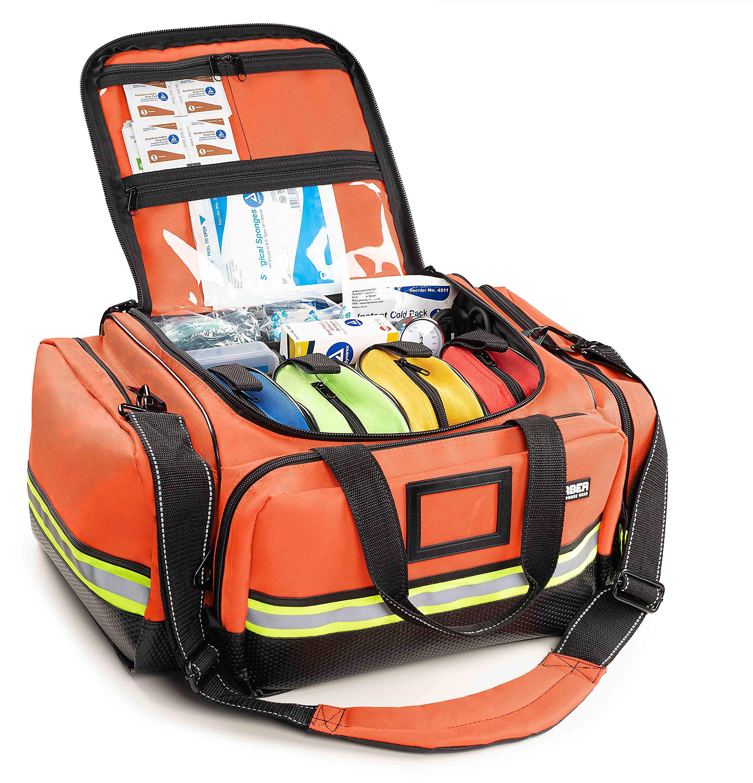 Scherber Scherber Fully-Stocked First Responder Professional Advanced EMT/EMS Trauma Kit | HSA/FSA Approved | Reflective Bag w/10+ Compartments, Zippered Pockets & 250+ First Aid Supplies (Orange)