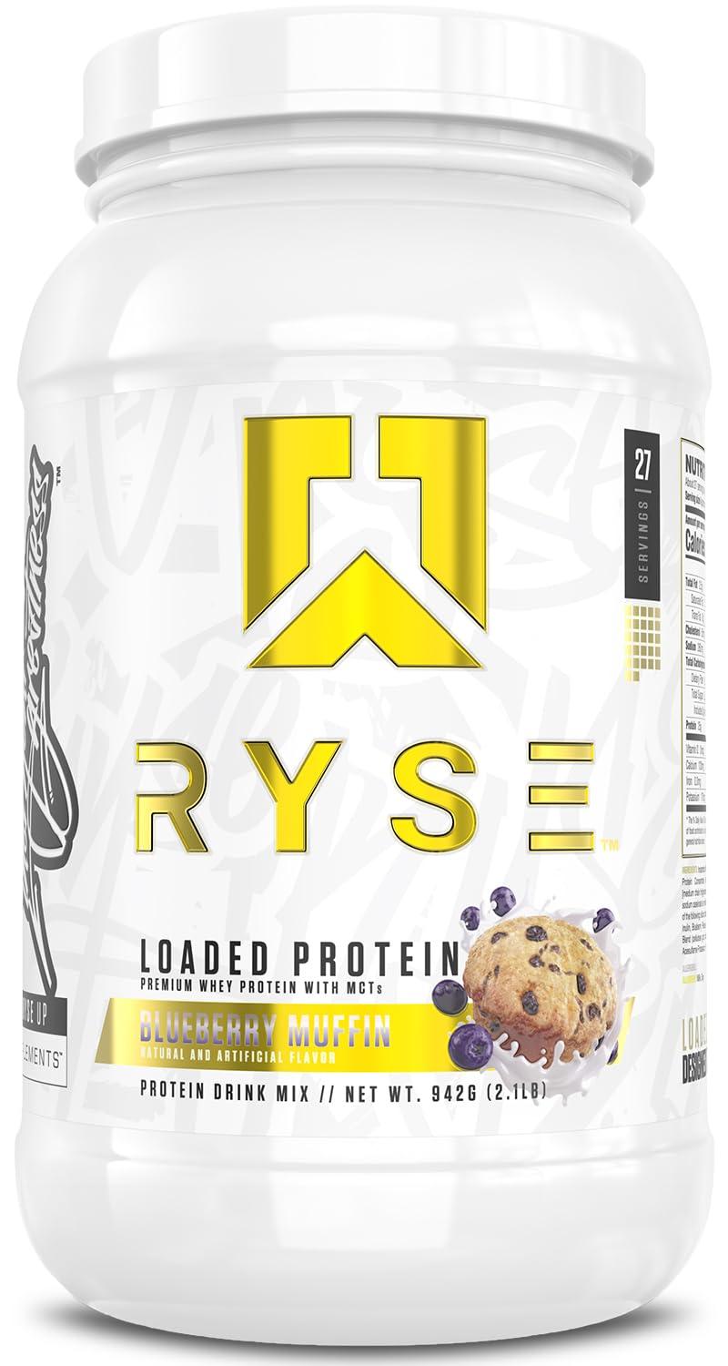 RYSE Up Supplements Ryse Loaded Protein Powder | 25g Whey Protein Isolate & Concentrate | with Prebiotic Fiber & MCTs | Low Carbs & Low Sugar | 27 Servings (Blueberry Muffin)