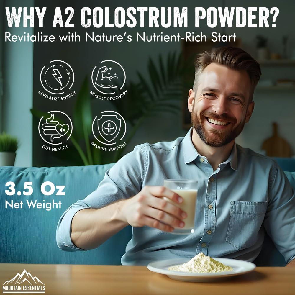 MOUNTAIN ESSENTIALS Freeze Dried A2 Colostrum Powder 3.5 Oz Bovine Grass Fed, Gluten Free, Non-GMO, Sugar Free with 1 Year Shelf Life 50 Servings | Dietary Supplement Immune Support, Gut Health, Muscle Recovery 1 Pack