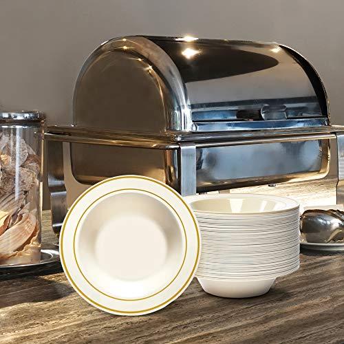 Oasis Creations Gold Rimmed Ivory Bowls - 12 ounce - 50 Count - Hard Plastic - Disposable or Reusable - Dessert Bowls - Salad Bowls- Cereal Bowls - Pasta Bowls - Ideal for Weddings, Parties, Gatherings, Events &More!