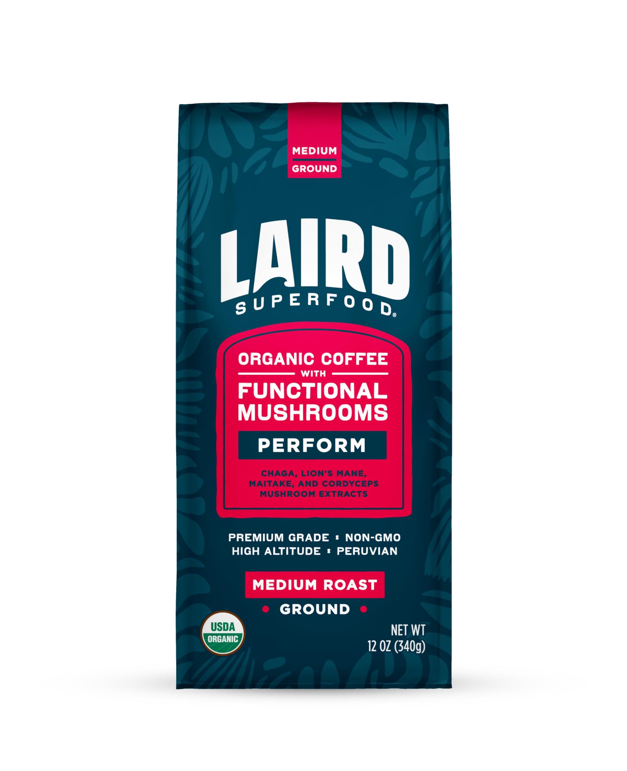 Laird Superfood Laird Superfood Peruvian Medium Roast Coffee with Functional Mushrooms, Certified Organic Peruvian Ground Coffee Beans, Gluten-Free, Dairy-Free, Non-GMO, Paleo, Keto Friendly, 12 oz. Bag