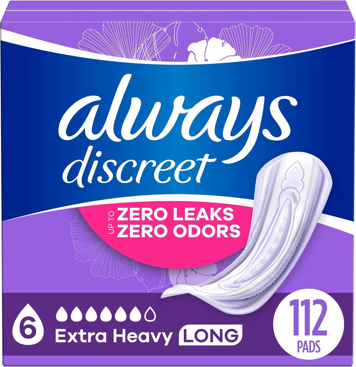 Always Discreet Always Discreet Adult Incontinence Pads for Women, Extra Heavy Absorbency, Long Length, Postpartum Pads, 112 CT