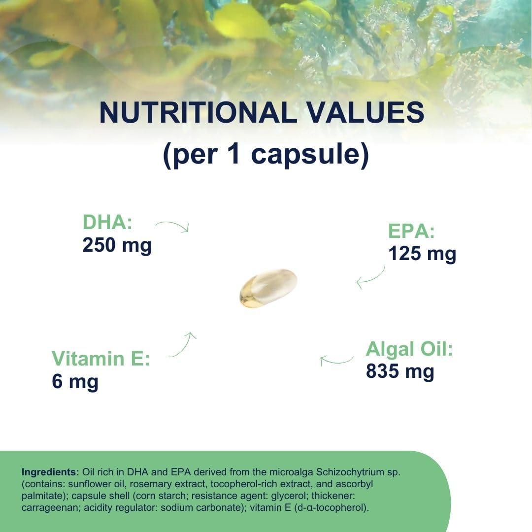 OMEGOR Omegor Veg Omega-3 Vegan (60 Capsules) Plant-Based Omega-3 Derived from Algal Oil, Enriched with Vitamin E Contains 250mg DHA and 125mg EPA per Capsule IFOS and Vegan Society Certified