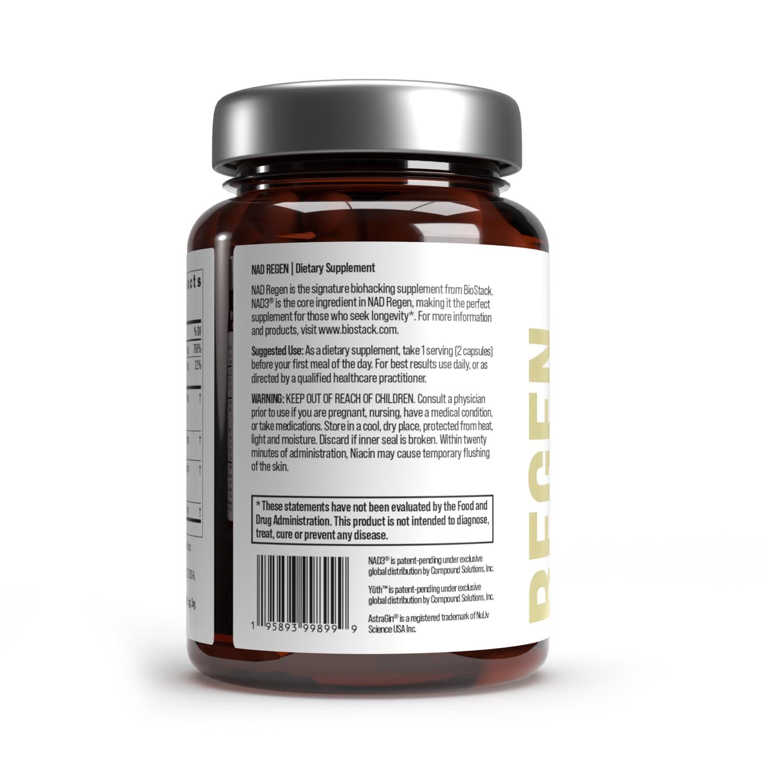 BIOSTACK BIOSTACK NAD Regen, NAD+ Supplement for Anti-Aging, Natural Energy, Cell Regeneration & Brain, Boosts Nicotinamide Riboside, Vegan Friendly NAD Supplement with Resveratrol (60 Capsules)