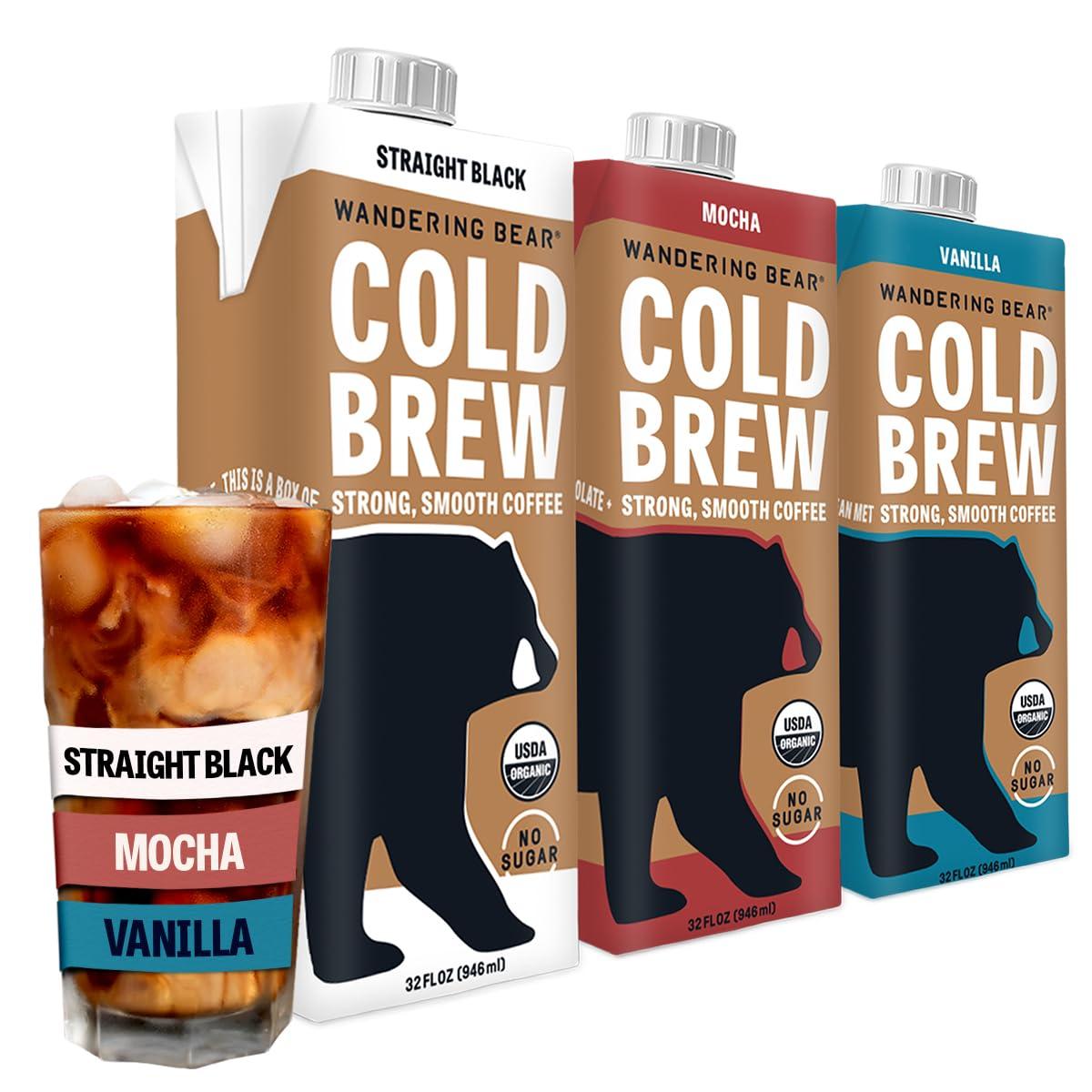 Wandering Bear Wandering Bear Extra Strong Organic Cold Brew Coffee, Variety Pack, 32 fl oz, 3 pack - Straight Black, Vanilla, & Mocha - Ready to Drink Iced Coffee, Cold Brewed Coffee, Cold Coffee