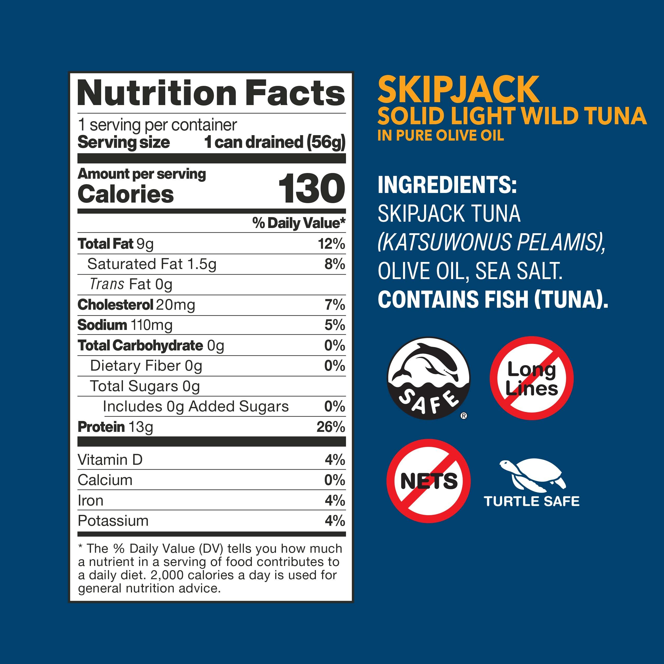 Wild Planet Wild Planet Skipjack Solid Light Wild Tuna In Pure Olive Oil, 2.82oz, Sustainably Wild-Caught, Pole & Line, Tinned Fish, Canned Tuna, 12Count