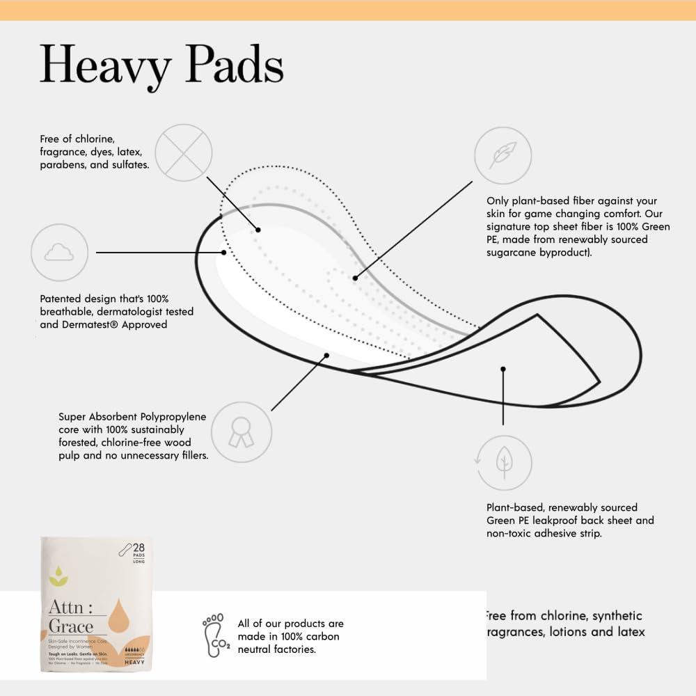 ATTN : GRACE Attn: Grace Heavy and Ultimate Incontinence Pads for Women (28 Pads Per Pack/56 Total)- High Absorbency Sensitive Skin Protection for Bladder Leakage or Postpartum/Discreet, Breathable, & Plant-Based