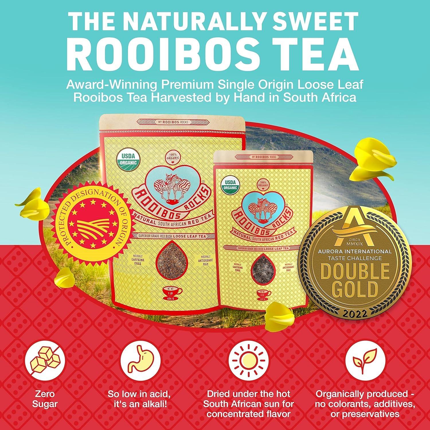 Rooibos Rocks Naturally Sweet Organic Rooibos Tea - 8 oz Premium Loose Leaf Rooibos Tea Caffeine-Free and Sugar Free Red Rooibos Tea Organic Low-Tannin and Antioxidant-Rich Rooibos Tea Loose Leaf