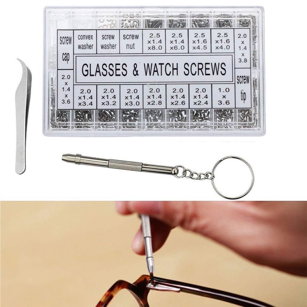 SEIWEI 1000pcs Eyeglass Screws Repair Kit, Glasses Repair Screws with 4 in 1 Screwdriver | Tweezer | Screws Caps | Washers | Nuts, Small Screws for Glasses Repair Clock Eyeglass Sunglasses Watch