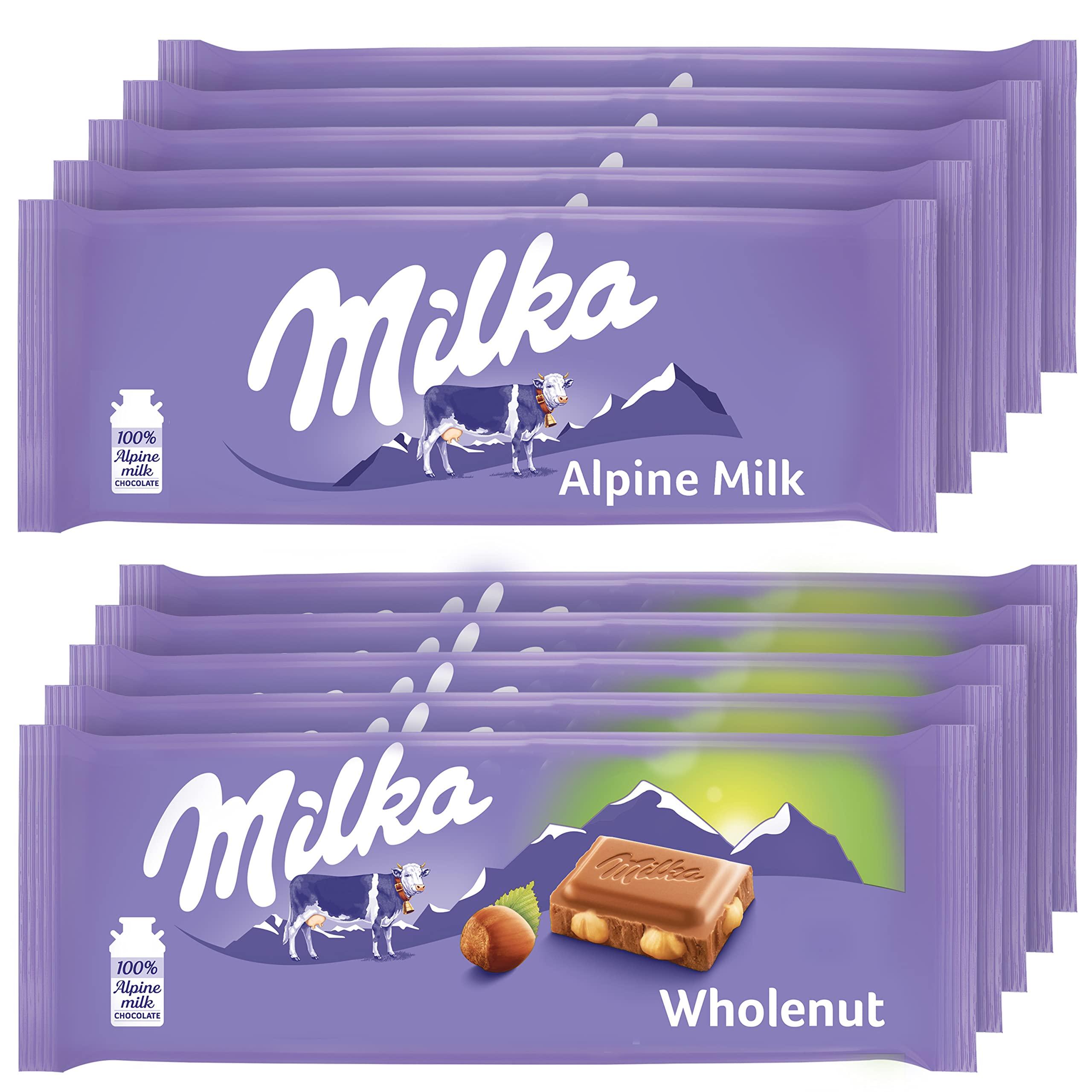 Milka Milka European Chocolate Bars Variety Pack, Alpine Milk Chocolate & Wholenut Hazelnut Chocolate, 10 - 3.52 oz Bars