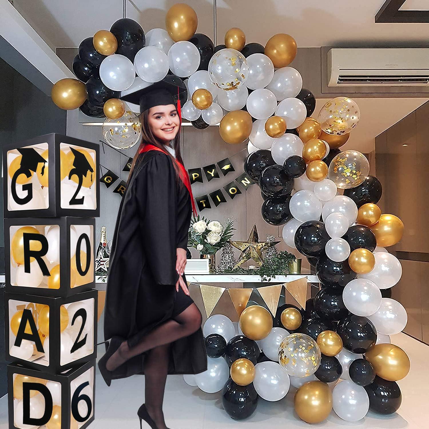 JUICYRAUL 2025 2026 Graduation Party Decorations Graduate Balloon Boxes, 4 Pieces Black Balloon Boxes with Letters of GRAD, 2025 2026 for Graduation Party Supplies, Class of 2026 School Grad Party Supplies