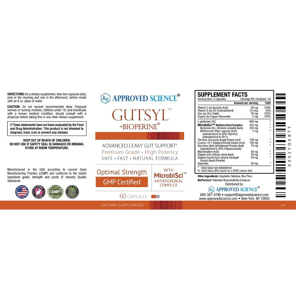 Approved Science Approved Science® Gutsyl- Leaky Gut Supplement- Protect GI Tract with Aloe Vera, Marshmallow Root, Licorice, and Slippery Elm- Contains Prebiotic and BioPerine- 3 Month Supply- 100% Vegan