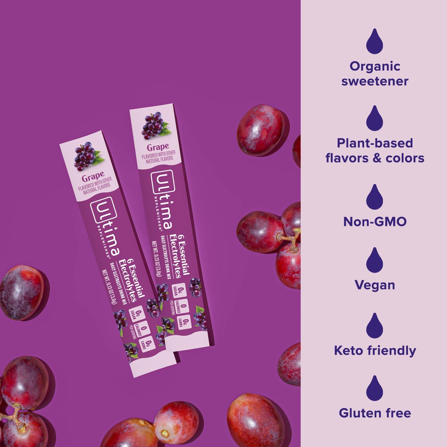 Ultima Replenisher Ultima Replenisher Electrolyte Powder Drink Mix Bundle  Grape, 30 Serving Canister and 20 Stickpacks  6 Electrolytes and Minerals  Keto Friendly, Vegan, Non-GMO and Sugar-Free
