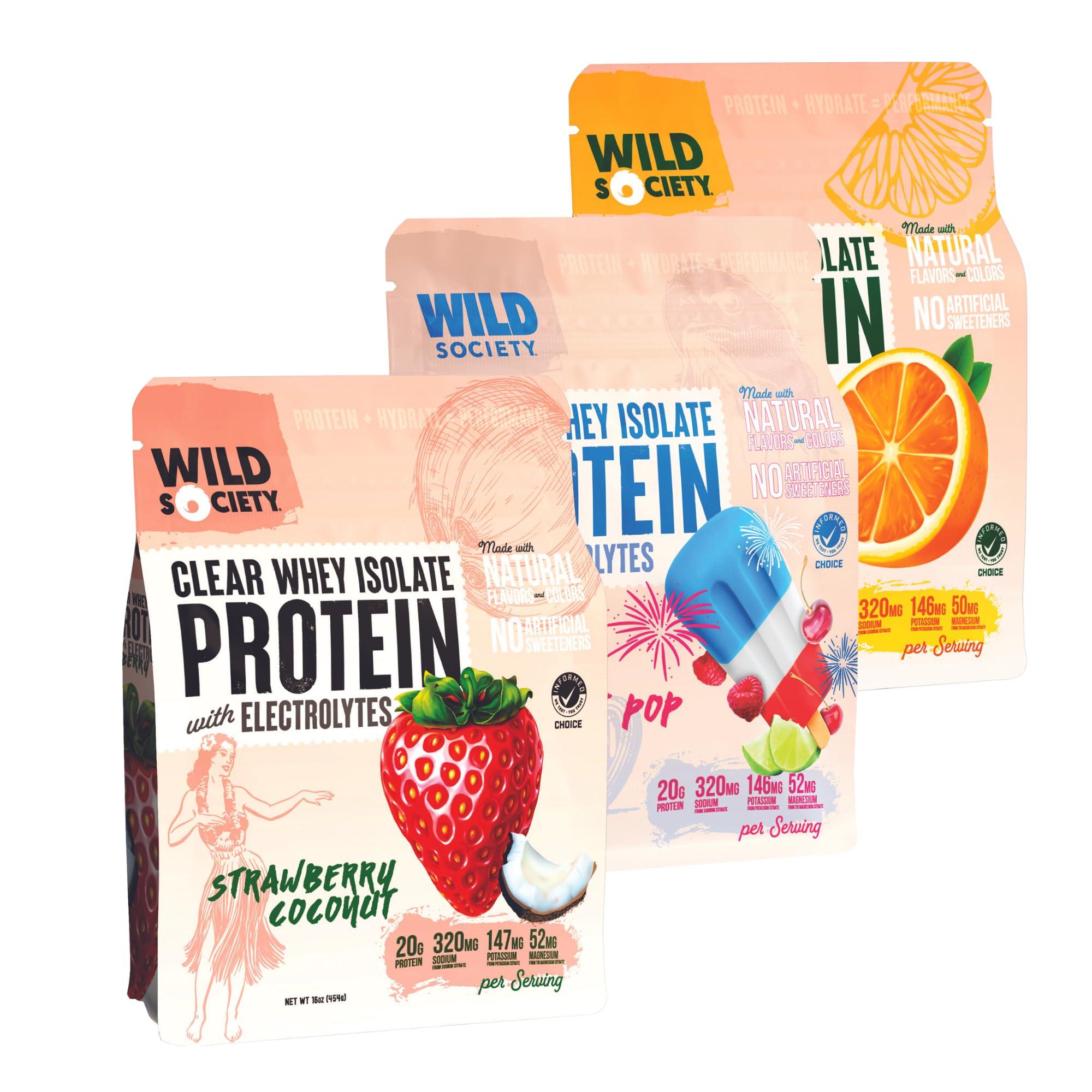 WILD SOCIETY WILD SOCIETY - Top Flavor Multipack - Clear Whey Protein + Electrolytes - Refreshing Whey Protein Isolate Powder - 20g Protein, 0 Added Sugar, GMO-Free, Natural Flavors & Colors