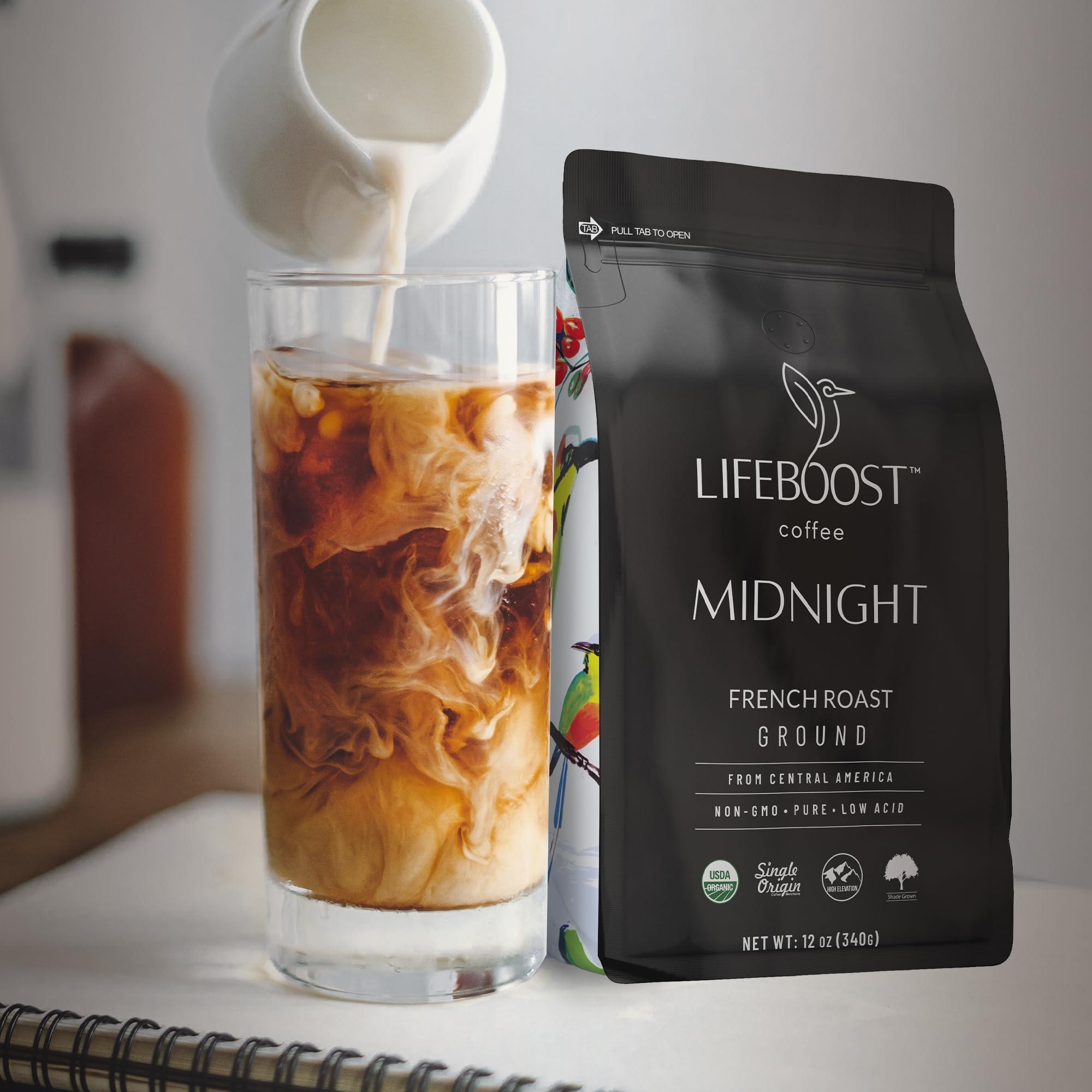 LIFEBOOST LIFEBOOST Midnight Coffee French Roast Coffee Ground - Single Origin USDA Organic Low Acid Coffee French Roast - Non-GMO Ground Coffee - Third Party Tested For Mycotoxins & Pesticides - 12 Ounces