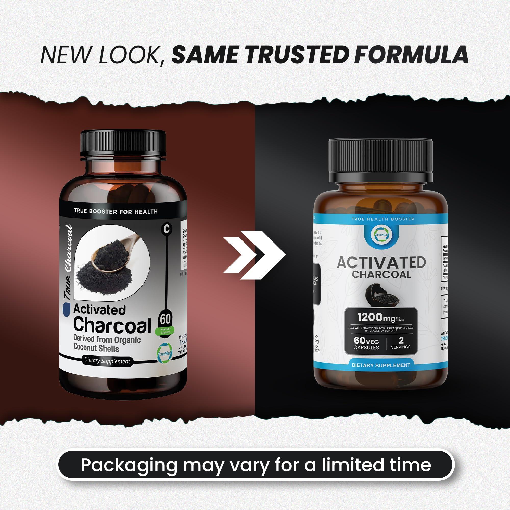TRUEMED TRUEMED Activated Charcoal Organic Coconut Shell Derived Charcoal Capsule,1200mg, 60 Capsules, Support Detox & Digestive Health, Activated Charcoal Capsules for Health-Conscious Individuals