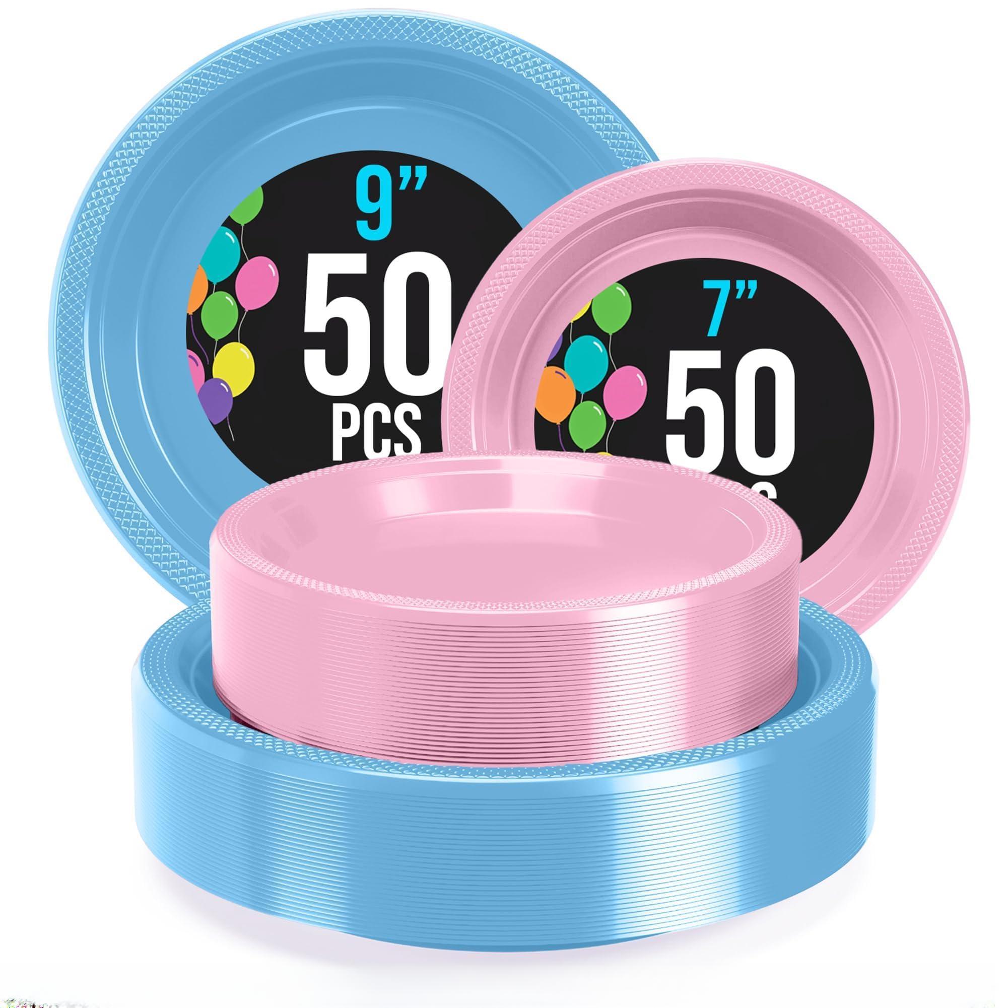 Exquisite Exquisite 9 & 7 Inch. Dinner Plate Combo 100 Pack Light Blue & Pink Plastic Plates Disposable, 50-7 Inch Dessert Plates & 50-9 Inch Dinner Plates Light Blue & Pink Plate Set Plastic Plates For Party