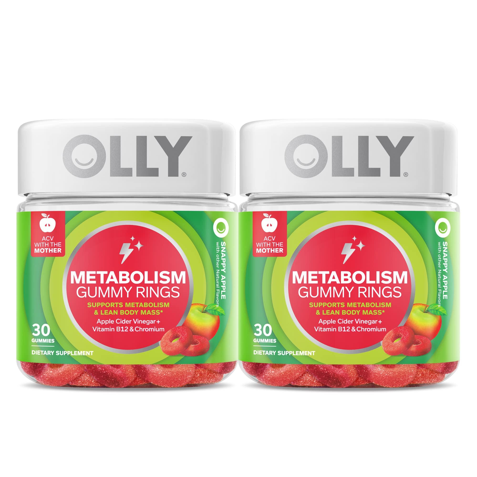 OLLY OLLY Metabolism Gummy Rings, Apple Cider Vinegar, Vitamin B12, Chromium, Energy and Digestive Health, Chewable Supplement, Apple Flavor, Twin Pack - 60 Count