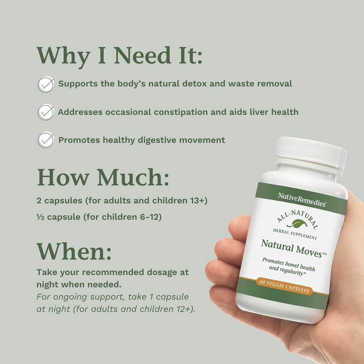 Native Remedies Native Remedies Natural Moves - All Natural Herbal Supplement Promotes Bowel Health and Regularity as Related to Constipation - 60 Veggie Caps