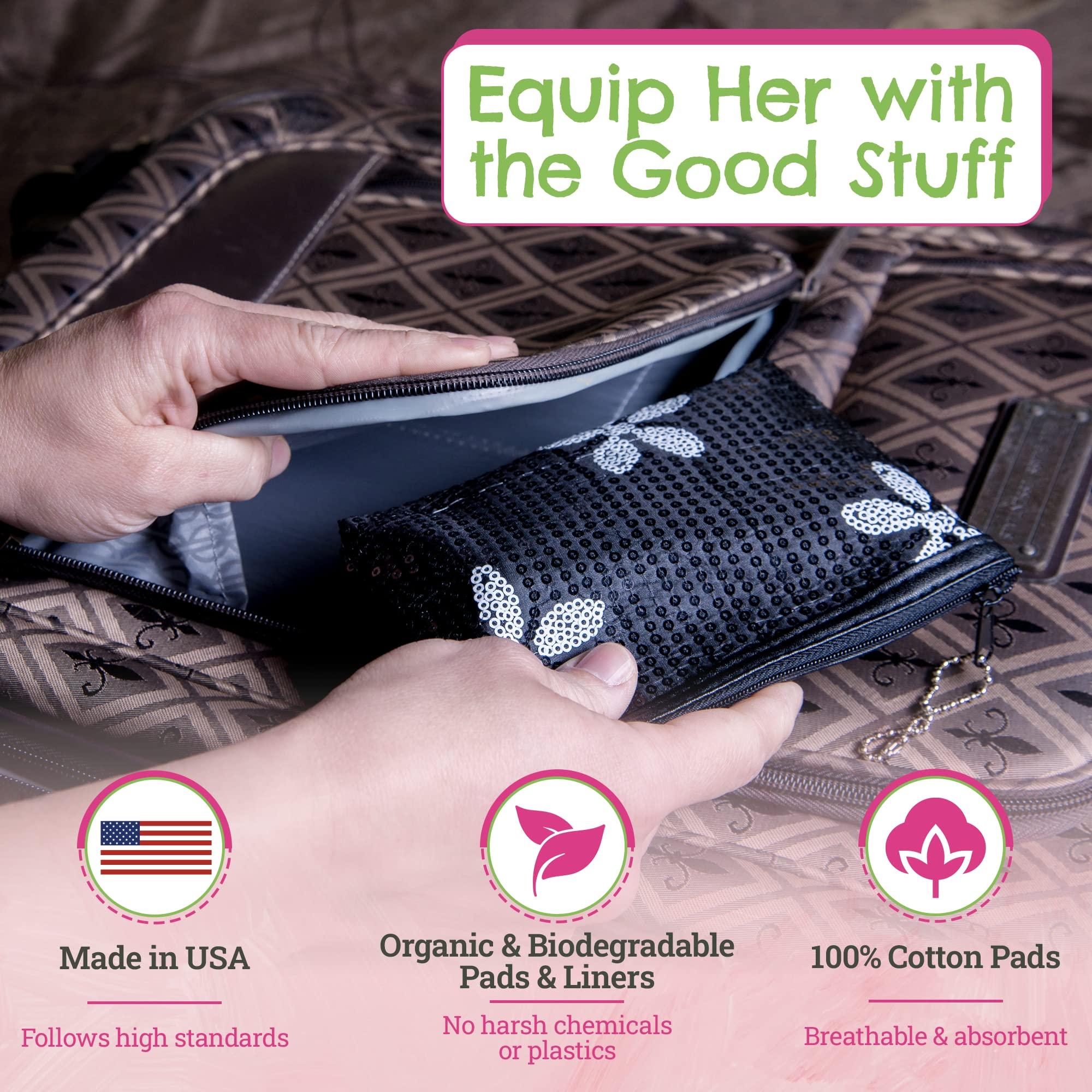 Be Prepared. Period. First Period Kit To-go! - Organic Biodegradable Tween Pads & Liner - Period Bags for Teen Girls for School - Period Pouch & Teen Pads for Girls Ages 11-14, Teen Pads for Periods - Pads for Teens Girls